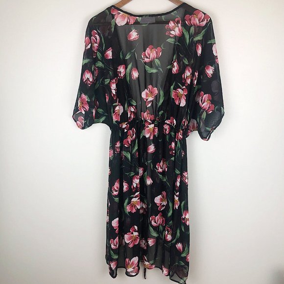 Plus Size Sheer Floral Beach Swim Kimono Cover-Up - Picture 4 of 7